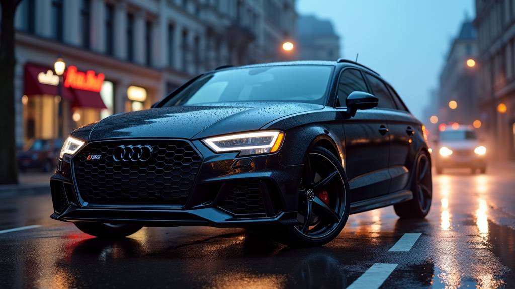 Audi RS3 Sportback noire de 2019 sur route sinueuse