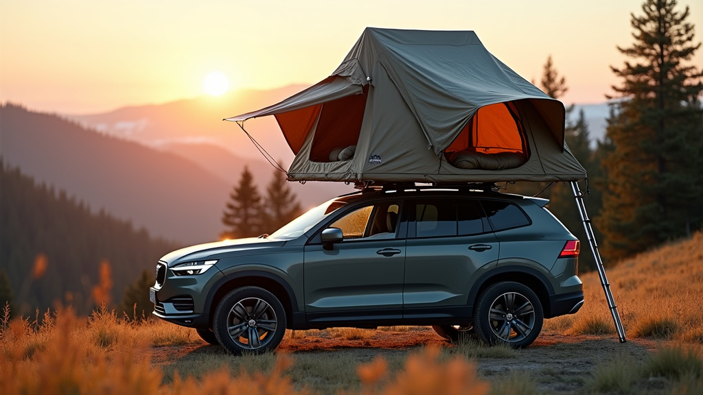 Tente de toit déployée sur véhicule 4x4 en paysage montagneux