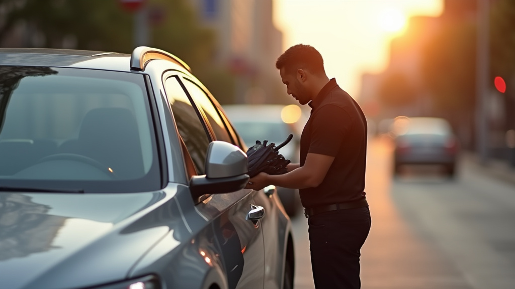 Chauffeur VTC vérifiant l'état de sa voiture avant une course