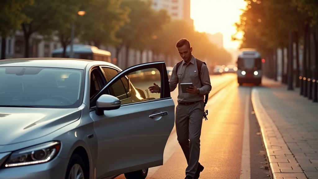 Chauffeur VTC professionnel dans une berline de luxe sur fond urbain