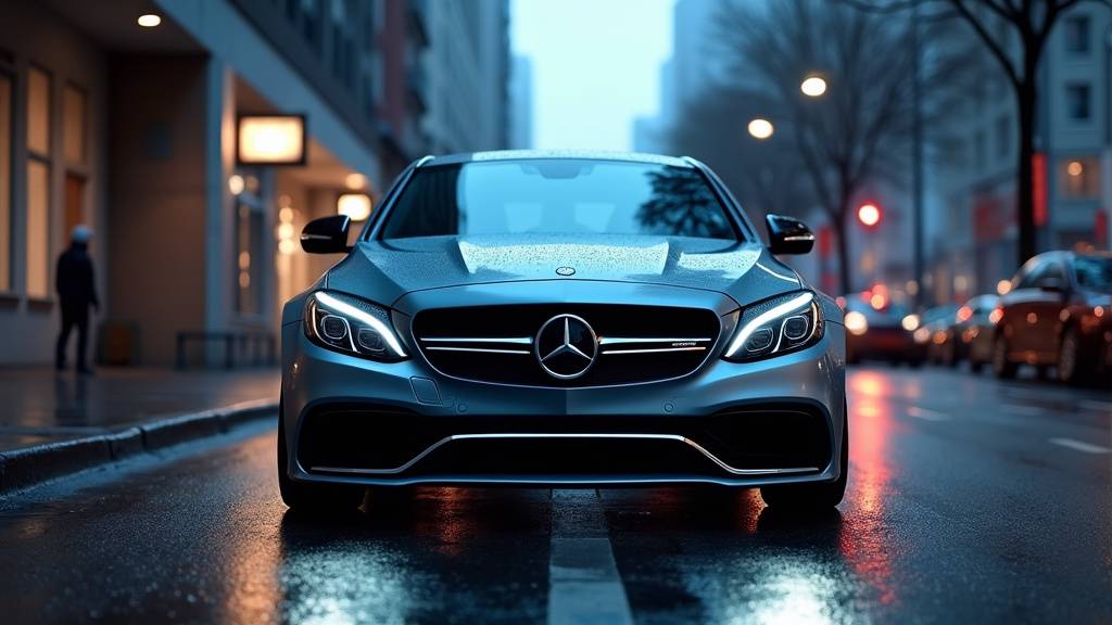 Mercedes C63 AMG S grise sur route enneigée